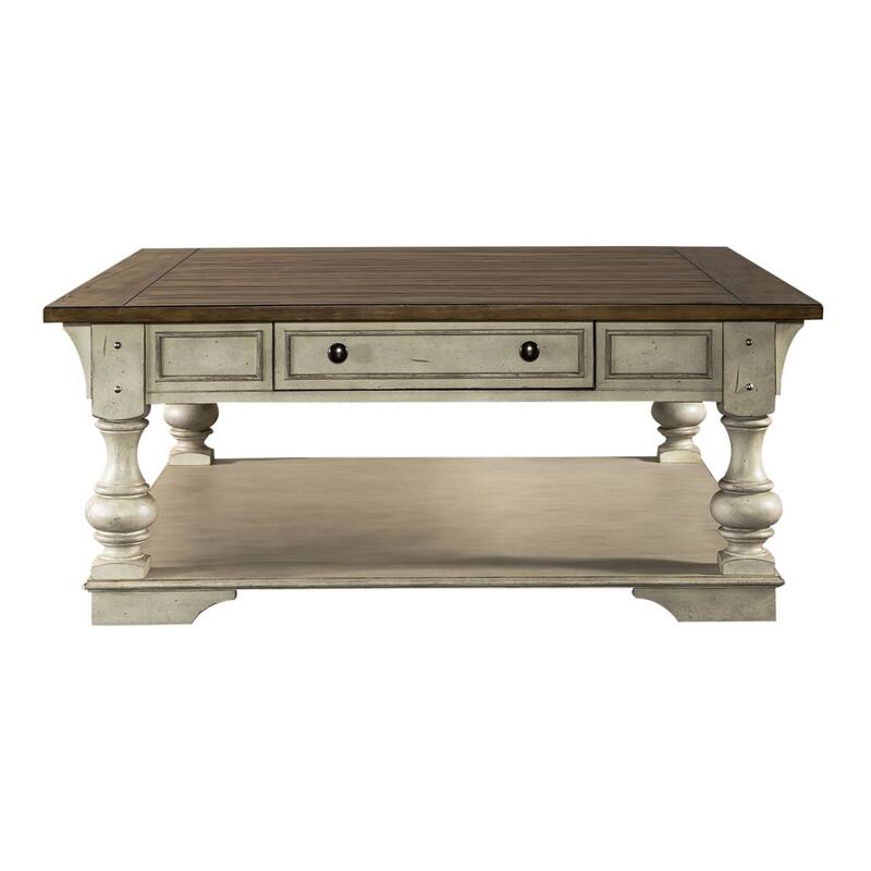 Morgan Creek Antique White Wire Brushed Tobacco Accents Drawer Square Cocktail Table