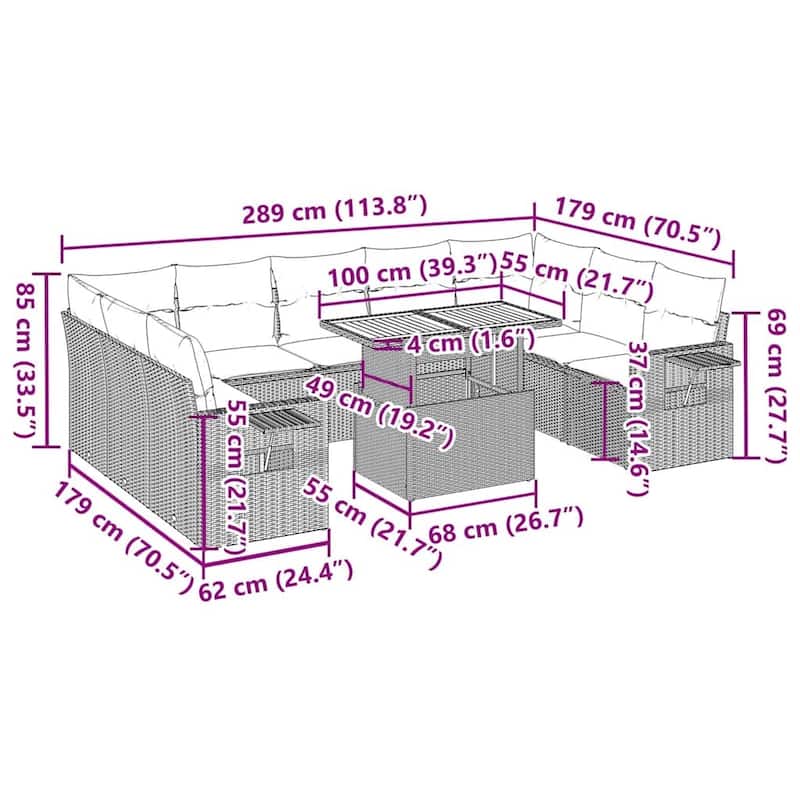 vidaXL Patio Sofa Set with Cushions Modular Lounge Set 10 Piece Poly Rattan - 21.7 x 24.4 x 27.2