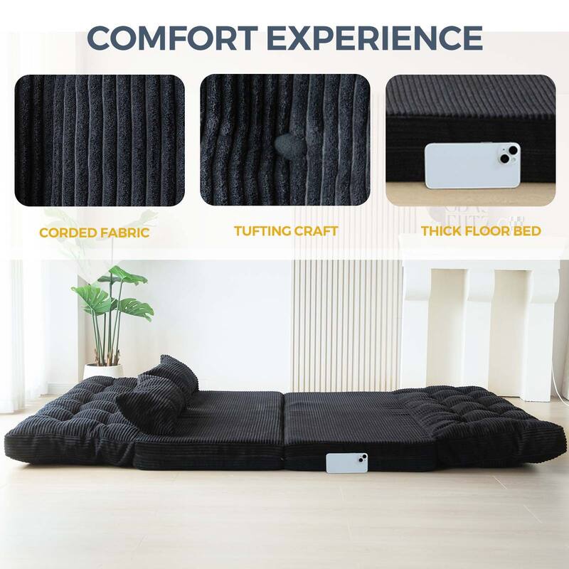Corduroy Bean Bag Bed Tufted Folding Sofa Bed with Pillows