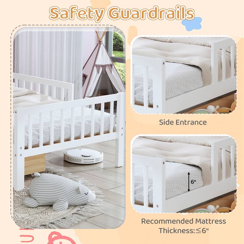 Safe Kids Bed Platform Bed Twin Size Wood Bed Frame with Storage Headboard and 2 Drawers Under, 3-Side Guardrails for Boys Girls