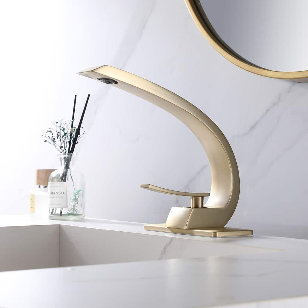 Modland C-Shaped Single Hole Bathroom Faucet, 500K Cycle CUPC Certified, 6-Inch Cover Plate, Black / Gold / Nickel / Chrome