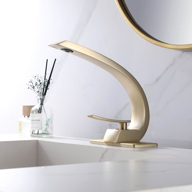 Modland C-Shaped Single Hole Bathroom Faucet, 500K Cycle CUPC Certified, 6-Inch Cover Plate, Black / Gold / Nickel / Chrome