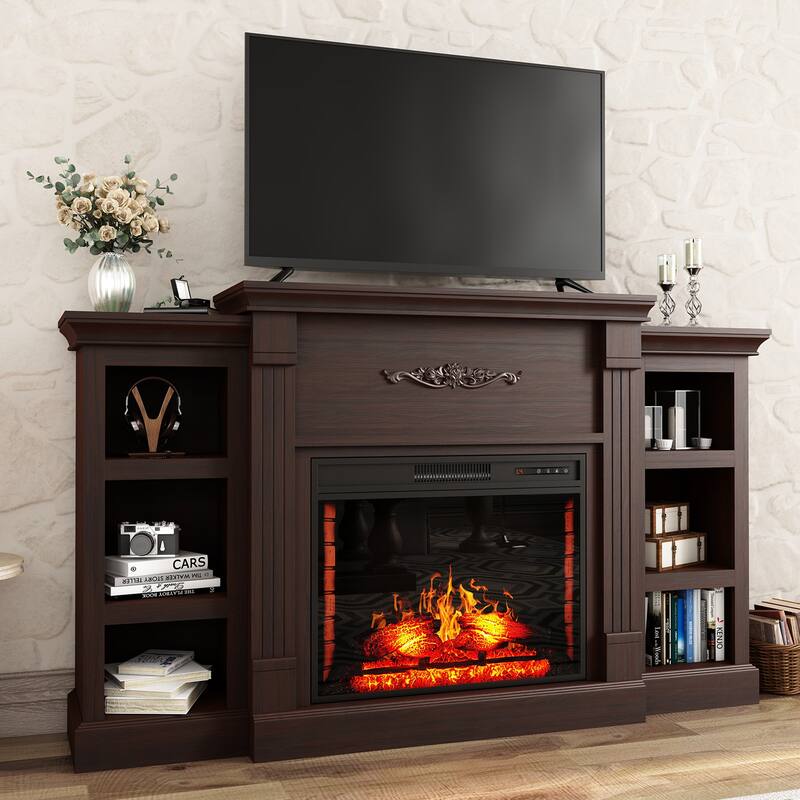 70" Wood Classical Fireplace TV Stand with 28" Electric Fireplace - Brown