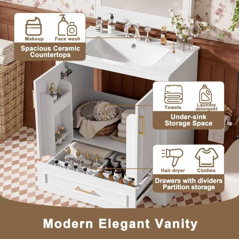 Bathroom Vanity with Ceramic Sink, Freestanding Storage Cabinet with Double Shelf, 1 Divider Drawer & 2 Soft-close Doors