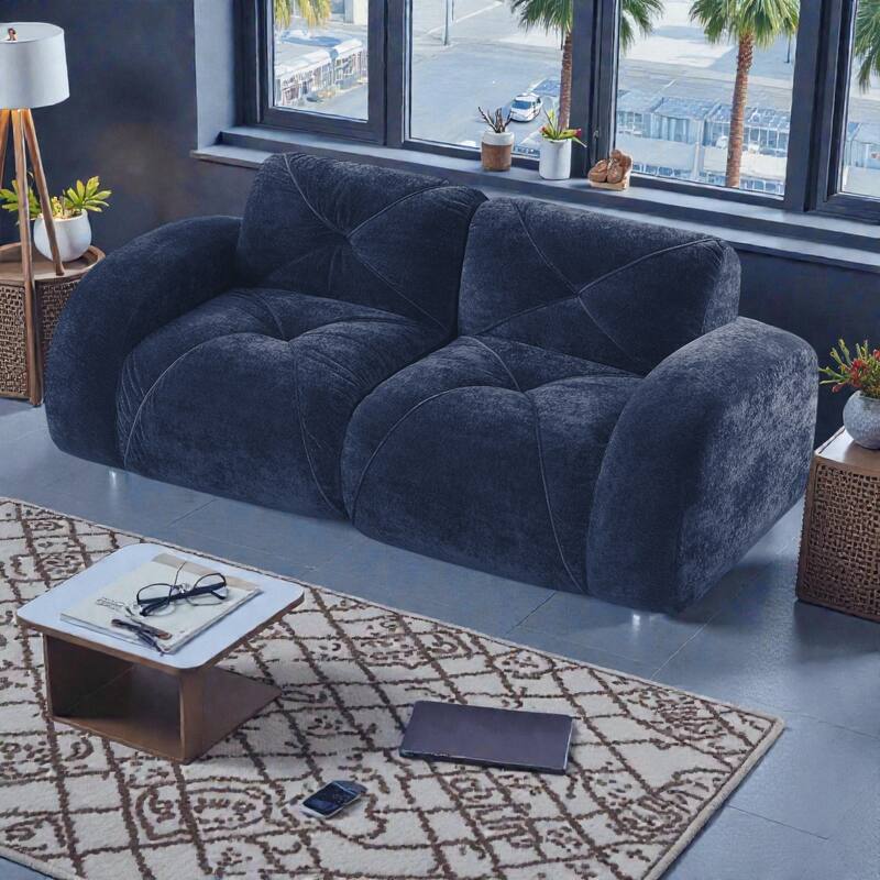 2 Seater Tufted Velvet Sofa, Boneless Cloud Couch with 32D High Density Foam, No Assembly Living Room Sofa - Blue