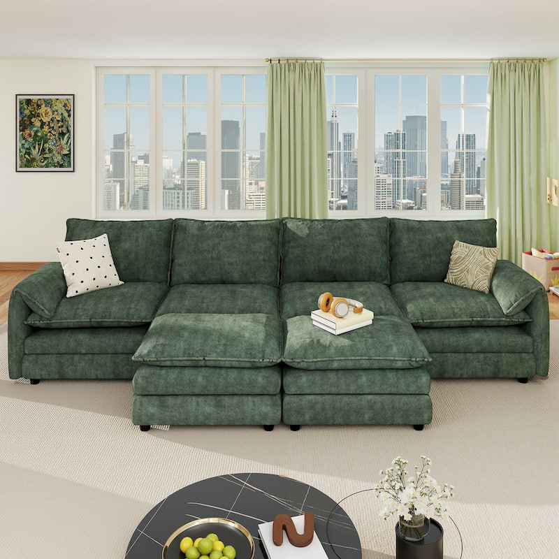142 Inch Modular Velvet Sectional Sofa with Movable Ottoman Pillow Armrest and Deep Seats for Living Room Apartment or Office - Green