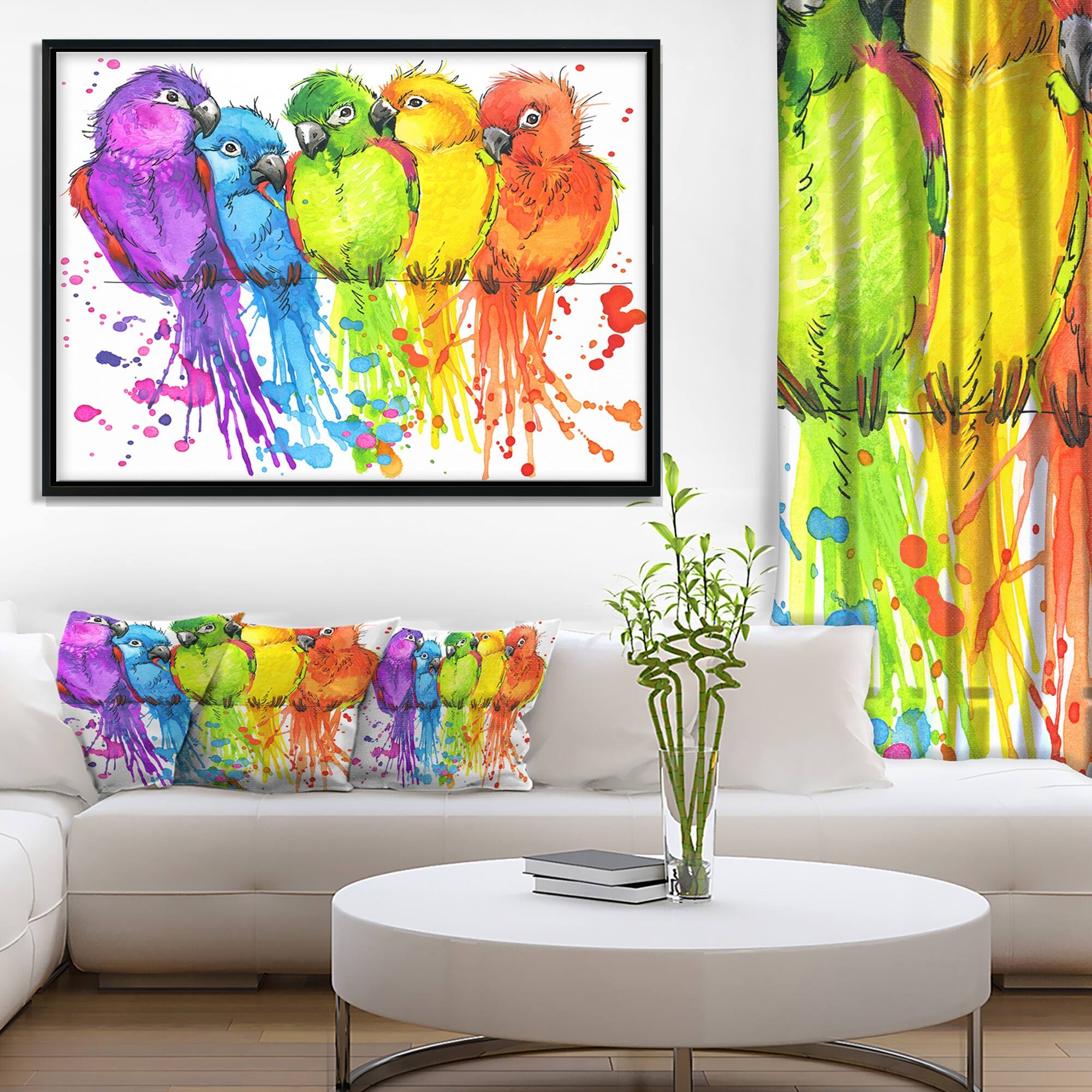 Designart "Colorful Parrots Illustration" Animal Framed Canvas Art