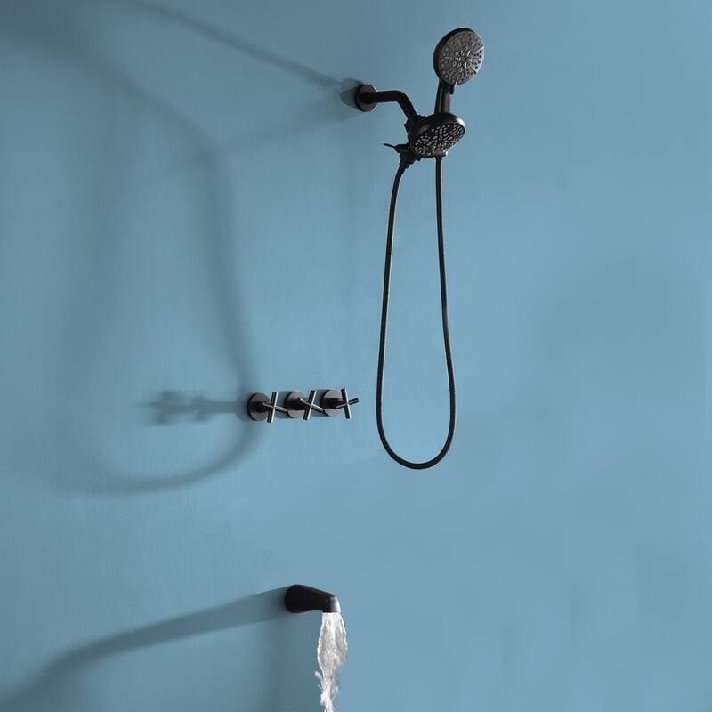 Modland 3-Handle Tub and Shower Faucet Set Dual Head 7-Spray Brass Valve Kit with Alloy Spout - Matte Black.