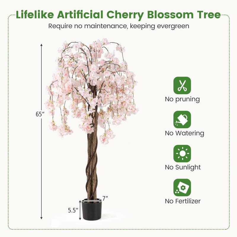 White Polyester PE Solid Wood Cherry Blossom Tree 5.5ft with Cement Pot