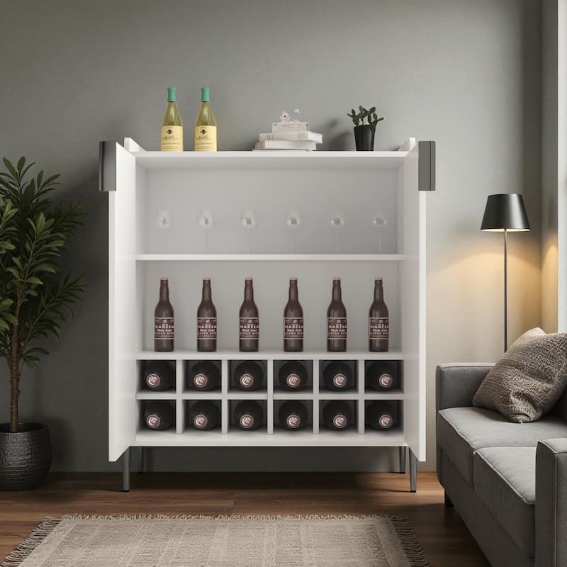 Modern 2-Door Wine Bar Cabinet with Bottle Storage Rack and Adjustable Shelf, Buffet Sideboard for Kitchen or Coffee Bar