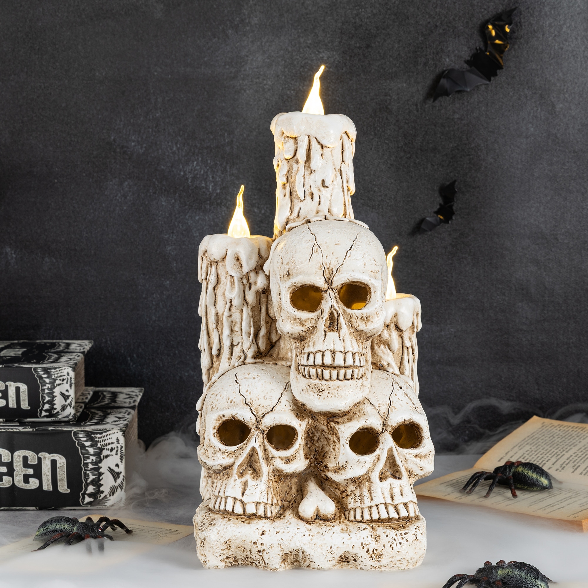 Glitzhome 14.25"H Lighted Halloween Resin Skulls with Candles Table Decor with Timer