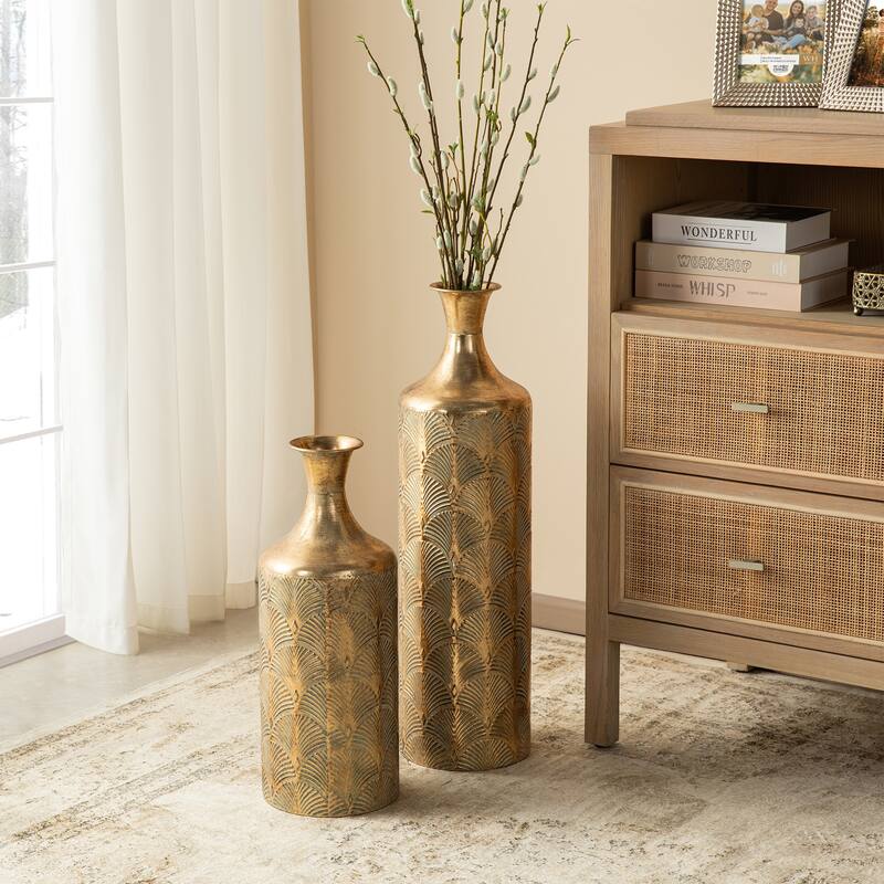 Glitzhome Set of 2 Metal Antique Gold Gingko or Verdigris Finish Floor Vases