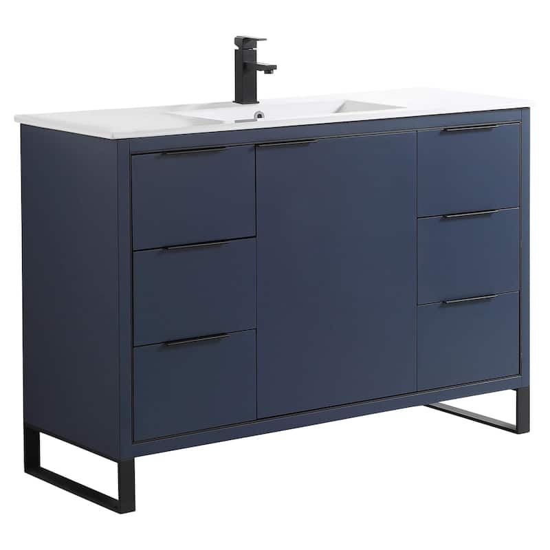 Fine Fixtures Opulence Collection Bathroom Vanity with White Ceramic Sink - 48 Inch - Navy Blue - Black Hardware
