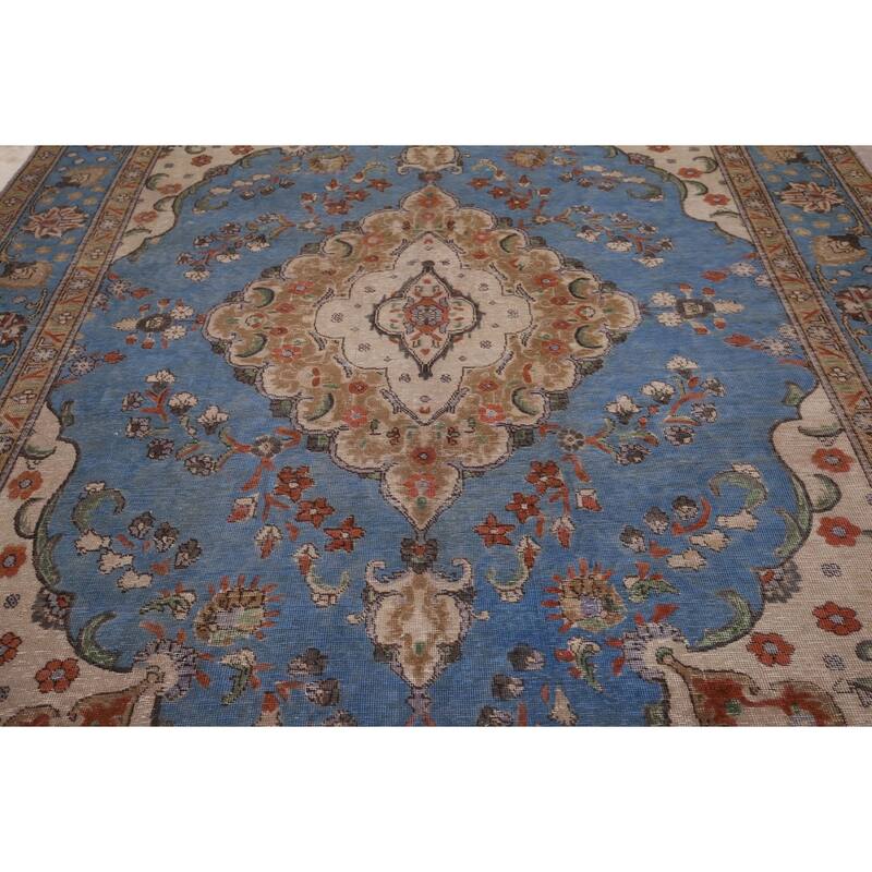 Distressed Blue Tabriz Vintage Persian Area Rug Handmade Wool Carpet - 8'1" x 11'2"