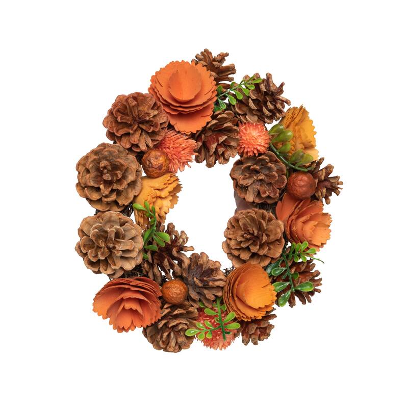 Transpac Foam 10.24 in. Multicolor Harvest Pinecones and Bloom Candle Ring - Multi