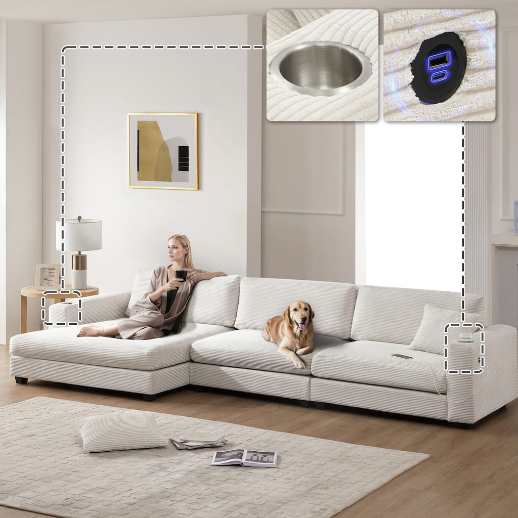 134x54x25" Oversized Corduroy Sectional Sofa, L Shaped with USB, Cup Holder, 3 Colors, Beige