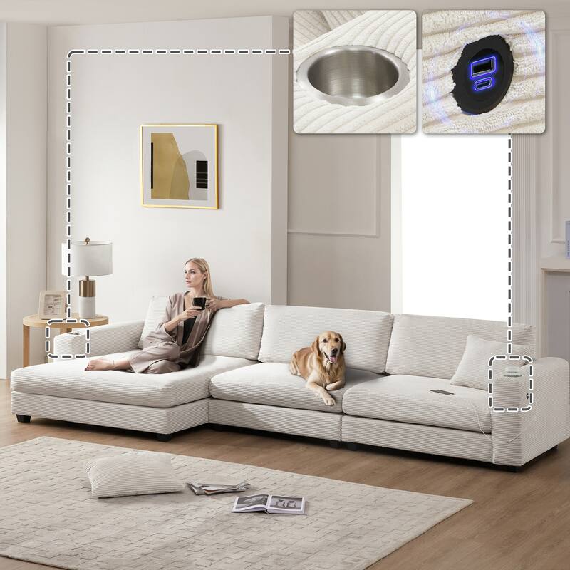 Spacious 4-Seater Corduroy Cloud Couch with Chaise, USB Charging Ports, and Cup Holders - Beige