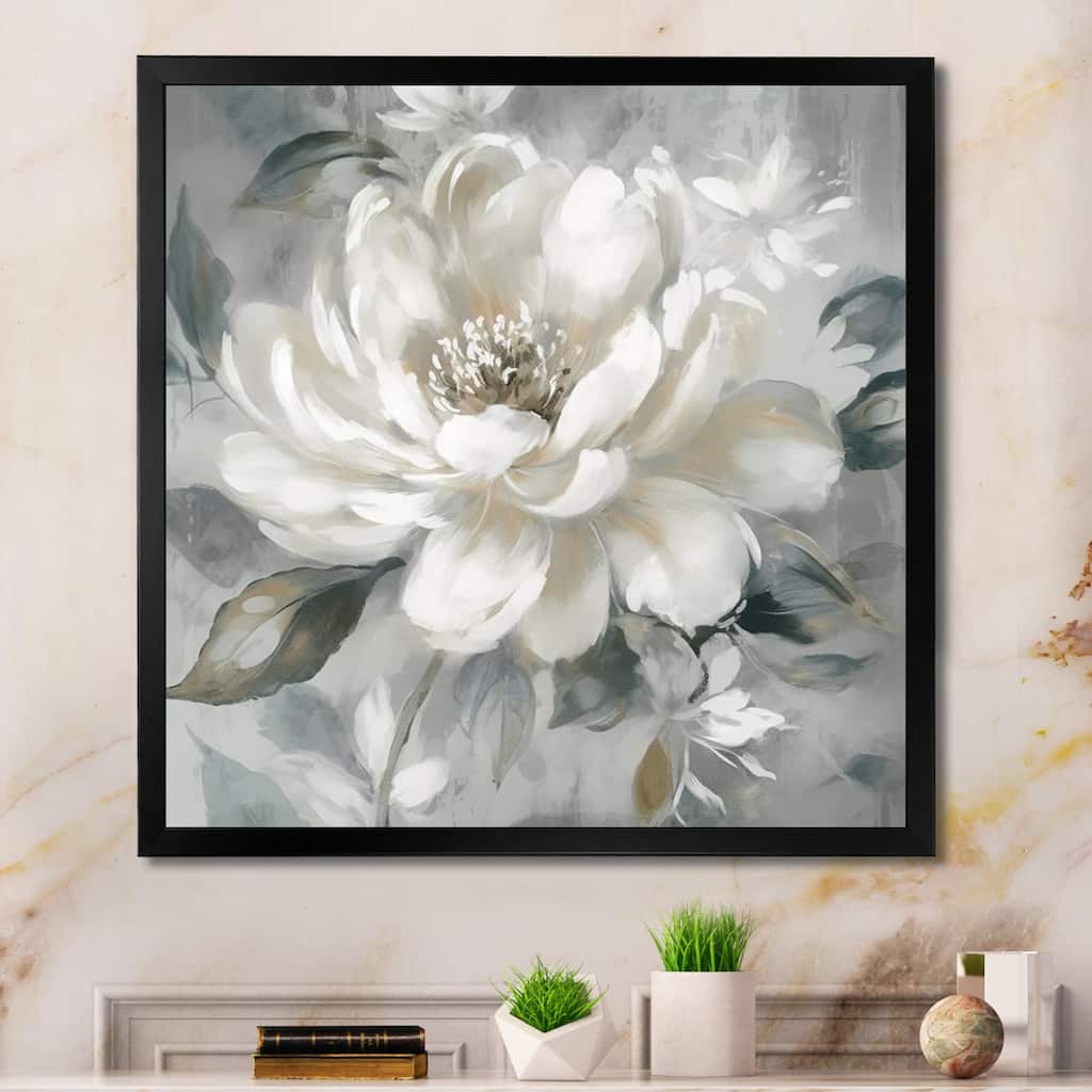 Designart "White Grey Peony Blooms In Motion I" Floral Peony Framed Canvas Art Print