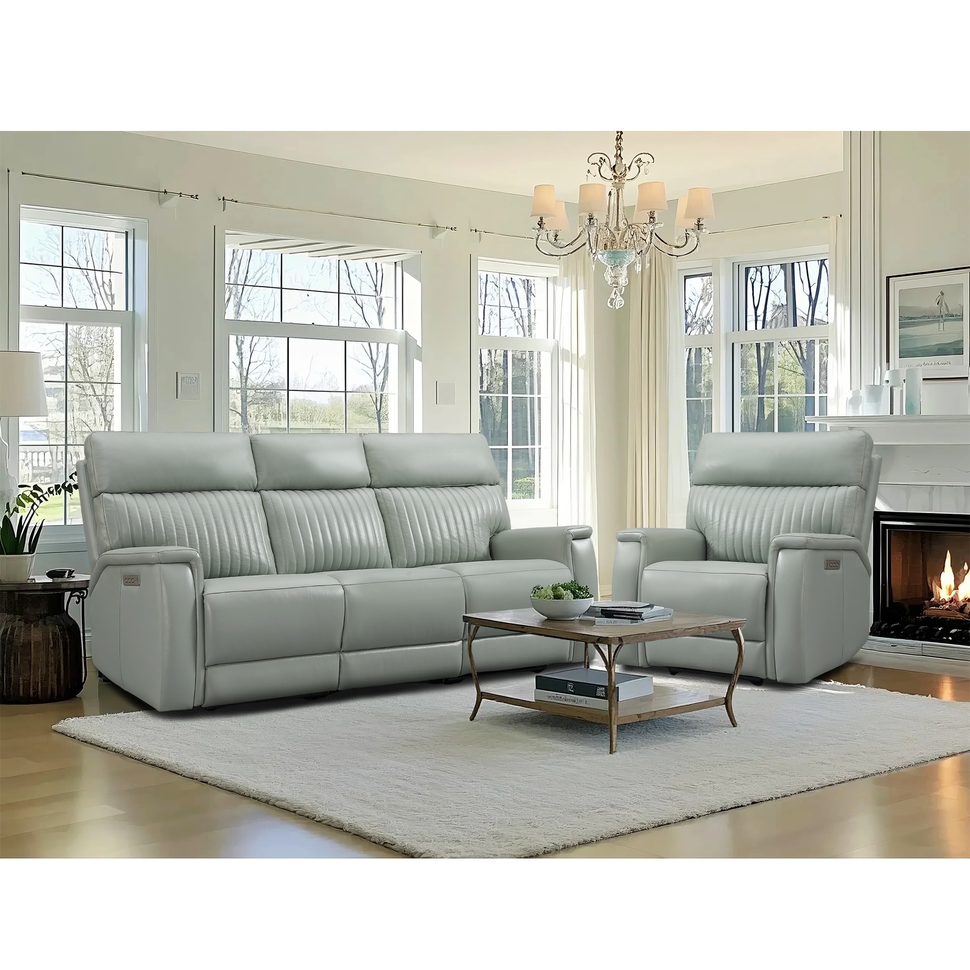 122''W 4-Seat Premium Genuine Leather triple-Power Sofa set with Zero Gravity, Adjustable Headrest & Lumbar Support