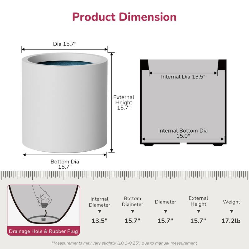 Concrete Tall Round Pot Cylindrical Flower Planter with Drainage Hole