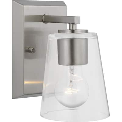 Vertex Collection One-Light Brushed Nickel Clear Glass Contemporary Bath Light - 4.75 in x 6.25 in x 7.5 in