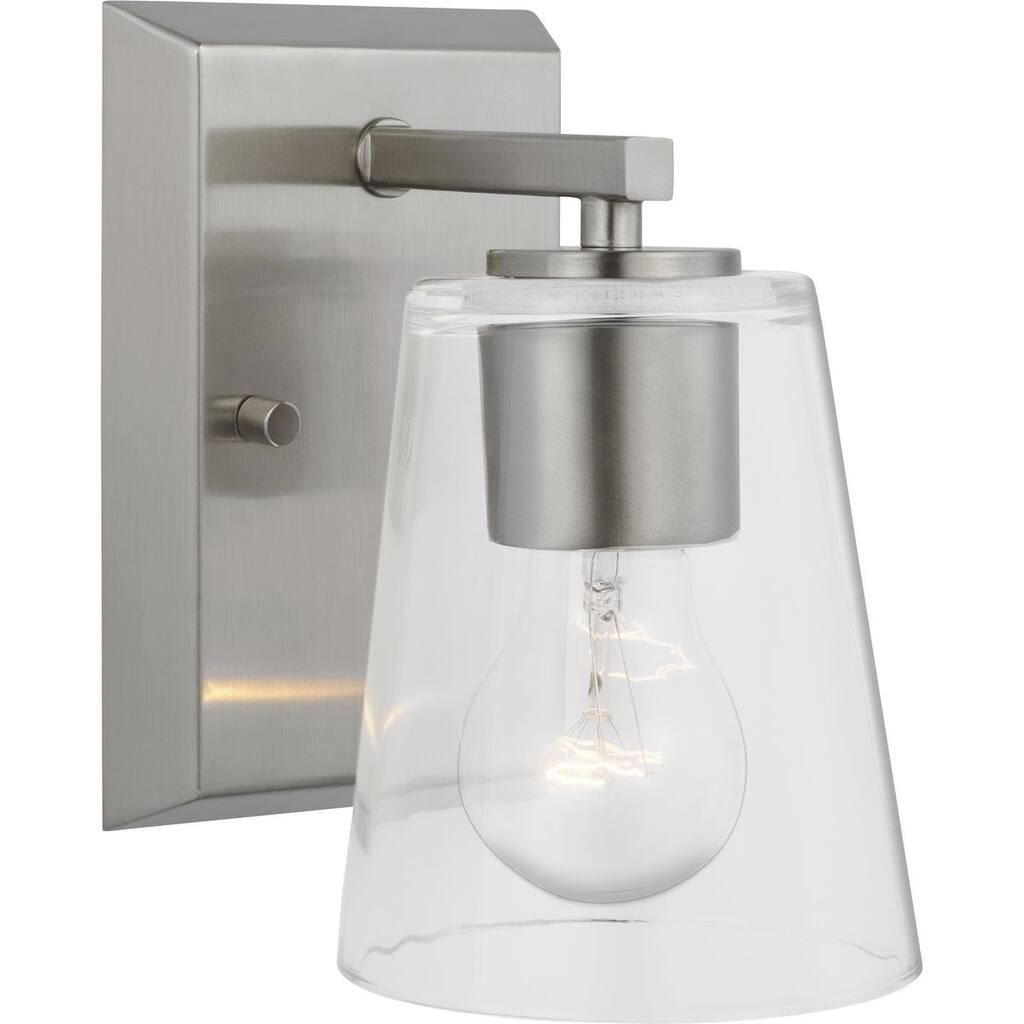 Vertex Collection One-Light Brushed Nickel Clear Glass Contemporary Bath Light - 4.75 in x 6.25 in x 7.5 in