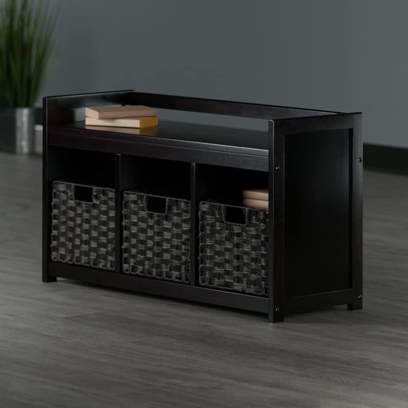 Addison 4-Pc Storage Bench with 3 Foldable Woven Baskets, Espresso and Chocolate - 37.4 x 13.5 x 20.87