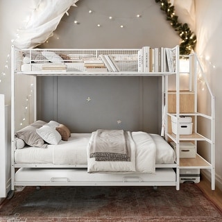 Versatile Design Twin over Full Metal Bunk Bed with Trundle and Lateral Storage Practical Step Ladder and Built-in Wardrobe