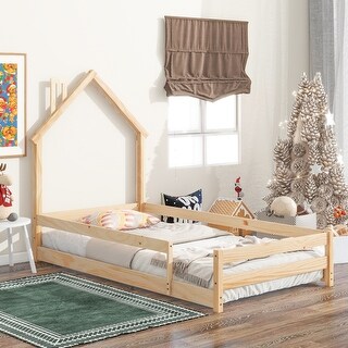 Twin Size Wood Bed with House-Shaped Headboard in Light Green