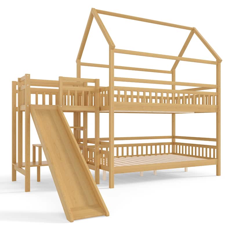 Full/Twin House-Shaped Bunk Bed with Slide & Storage Stairs, Playhouse Bed with Two Placement Methods