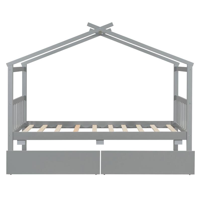 Twin Size Wooden House Bed with Storage Drawers, Gray - Space-Saving Kids Bed with Solid Pine Frame