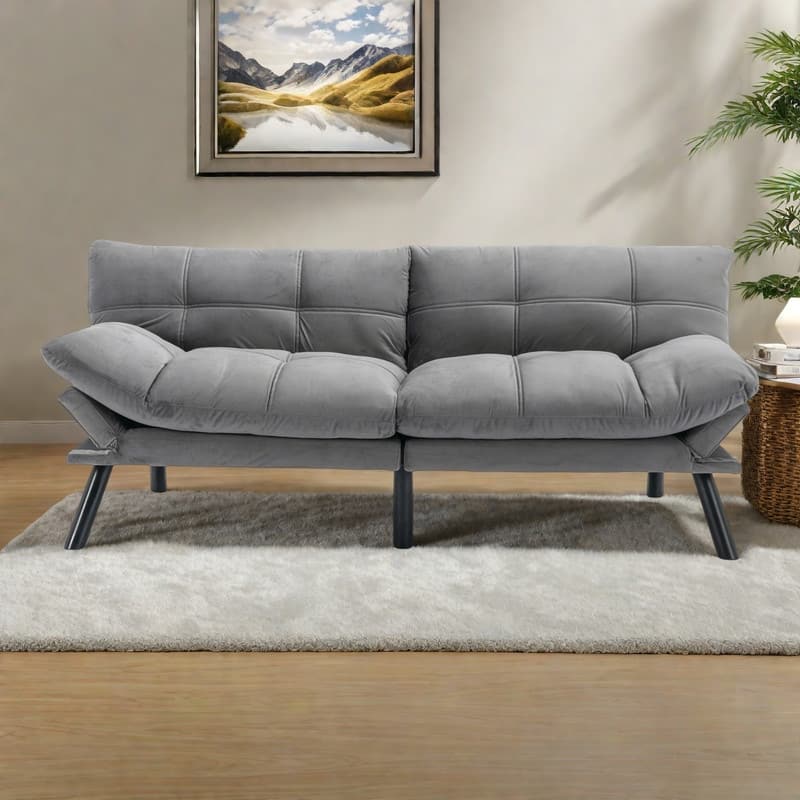 70.87" Leather-Feel Convertible Sofa Bed with Adjustable Backrest - LIGHT GREY