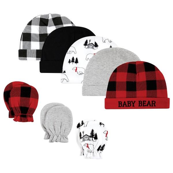 slide 1 of 1, Hudson Baby Unisex Baby Cotton Cap and Scratch Mitten Set, Buffalo Plaid Bear, 0-6 Months - Buffalo Plaid Bear 0-6 Months - Buffalo Plaid Bear