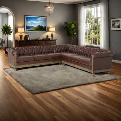 105" PU Leather Sectional Sofa with Wooden Legs and 6-Seat Retro Style Corner Sofa (105"W x 105"D x 28"H, 220lb/Seat Capacity)
