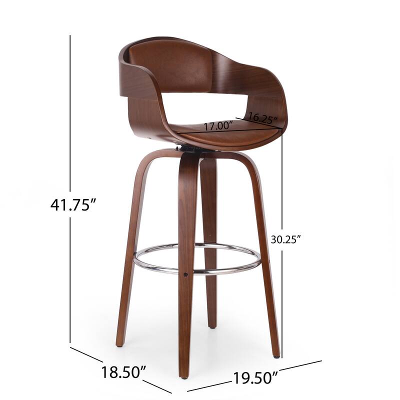 Mid Century Modern Bar Stool Dark Brown Wood Swivel Seat Faux Leather Chrome Footrest 30 Inch Height