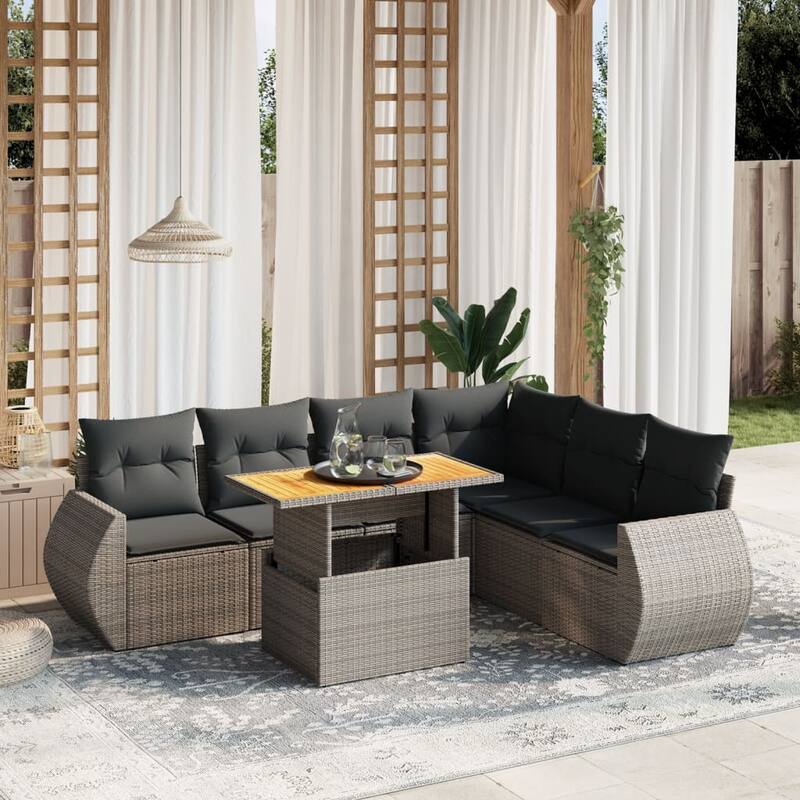 vidaXL Patio Sofa Set with Cushions Lounge Set Outdoor 7 Piece Poly Rattan - Grey - form2
