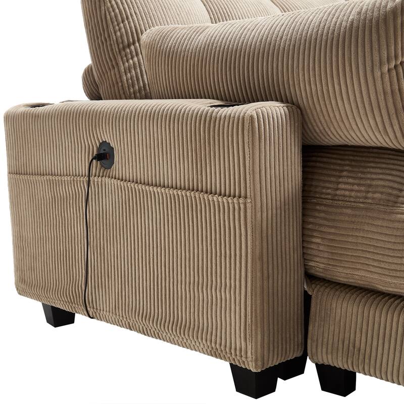 Oversized Corduroy Upholstered Single Chaise Lounge Sofa Couch Switchable Armrest with Cup Holders, USB Ports and Pockets