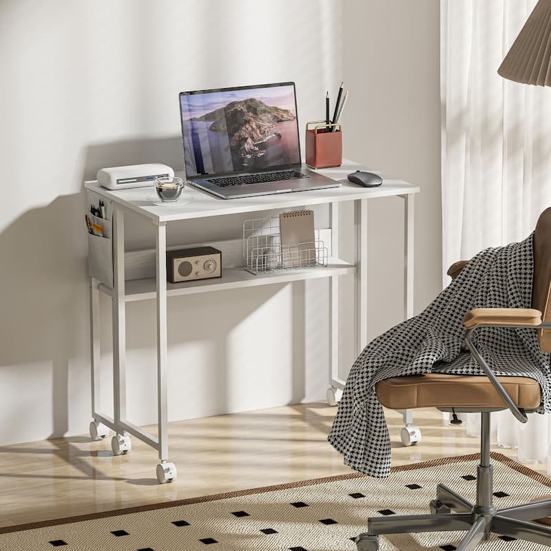 Mobile Foldable Desk with Storage Shelf and Drop-Leaf Design for Narrow Spaces and Home or Office