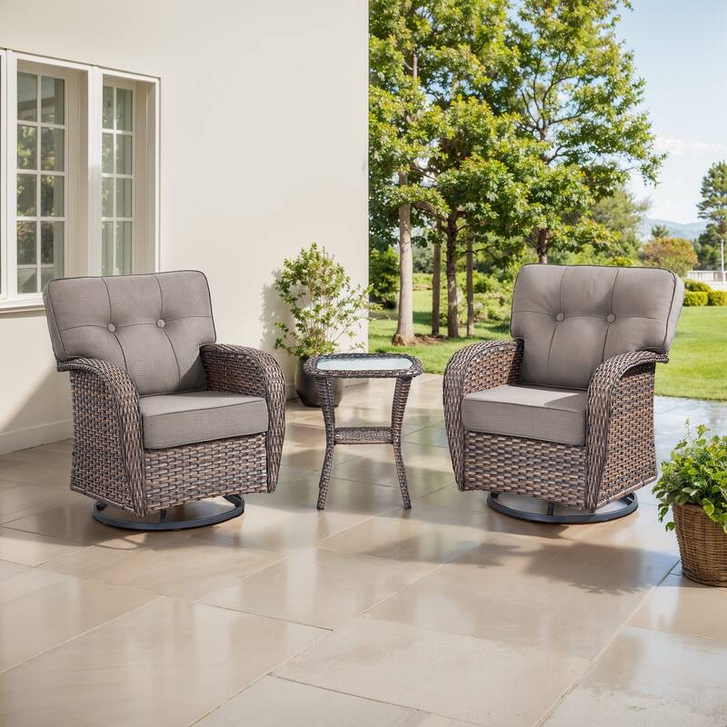 TWrap Brown Wicker Patio 3-Piece Swivel Gliders Conversation Set with 5-Inch Thick Cushions