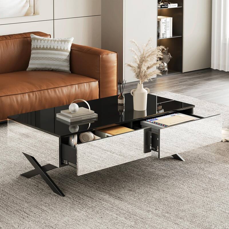 47.3" Rectangular Mirror Coffee Table with Storage - 2 Drawers, Metal Base, Black High Gloss Top