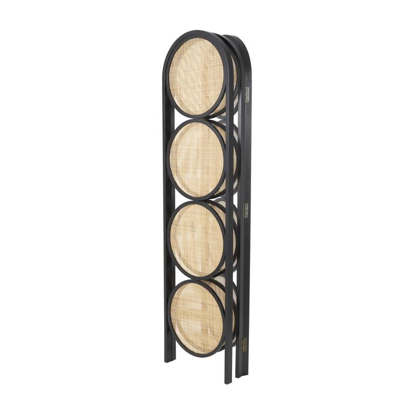 Wooden Geometric Handmade Arched Foldable 3 Panel Room Divider Screen with Woven Circular Cutouts - Black - Roche River Decor