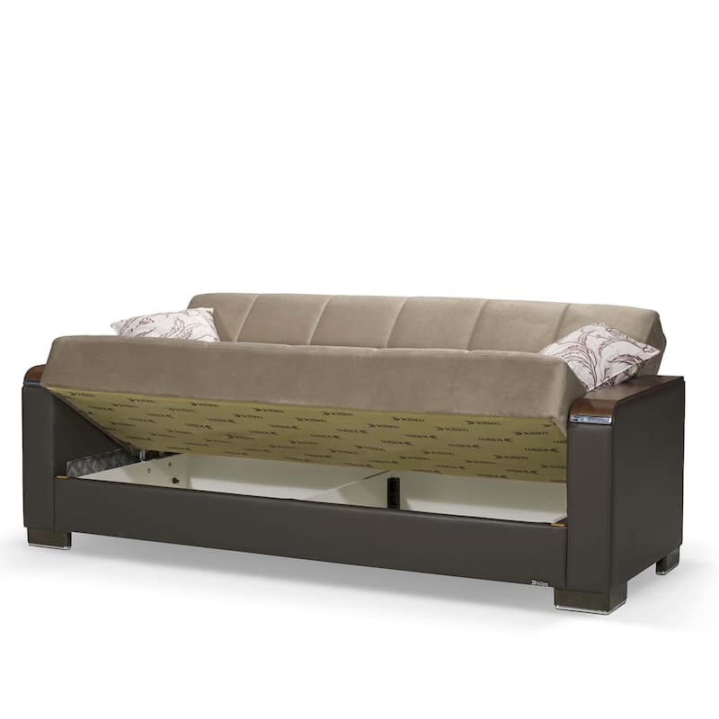 HomeRoots 87" Brown And Sand Chenille And Faux Leather Convertible Futon Sleeper Sofa With Toss Pillows And Storage