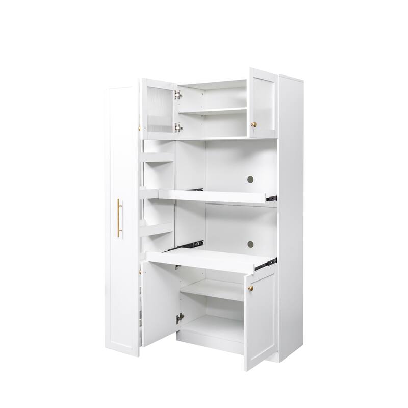 Roomfitters Kitchen Pantry Cabinet with Multi-Tier Pull-Out Shelves, Farmhouse Storage Cupboard with 4 Doors, White