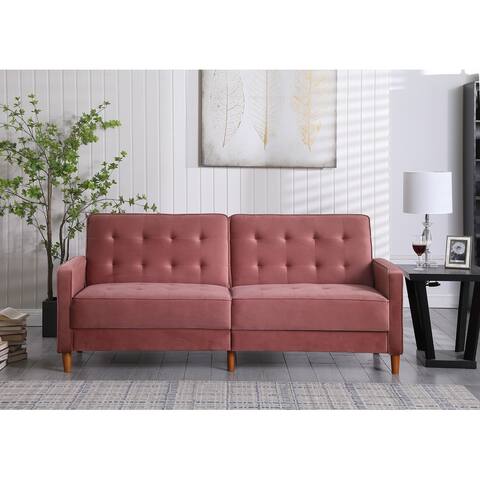 Modern Velvet Upholstered Sofa Bed Adjuastable Reclining Sofa with Split-Tufted Back and Wooden Legs, Pink