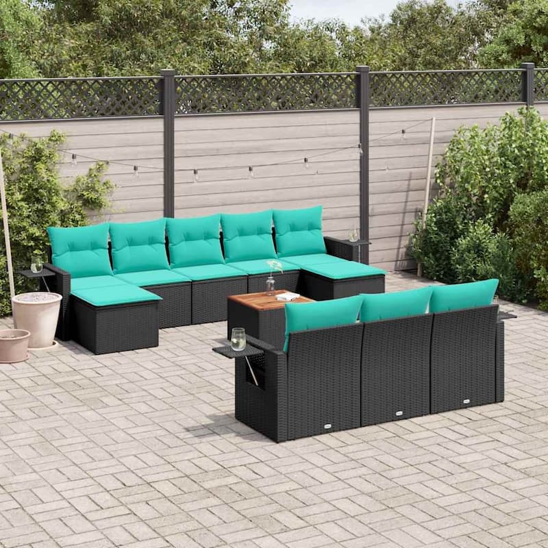 vidaXL 11 Piece Patio Sofa Set with Cushions Black Poly Rattan - 21.7" x 24.4" x 27.2" - Black and blue