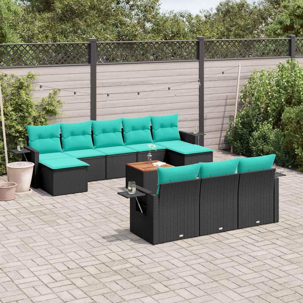 vidaXL 11 Piece Patio Sofa Set with Cushions Black Poly Rattan - 21.7" x 24.4" x 27.2"