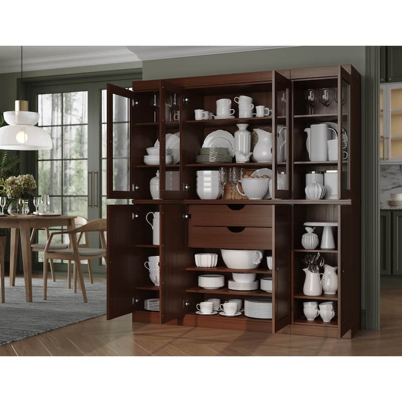 100% Solid Wood Kitchen China Pantry Buffet with Glass or Solid Wood Doors and 2-Drawer Kit by Palace Imports - 65" x 71.5" - Mocha - 4 Clear Glass-4 Solid