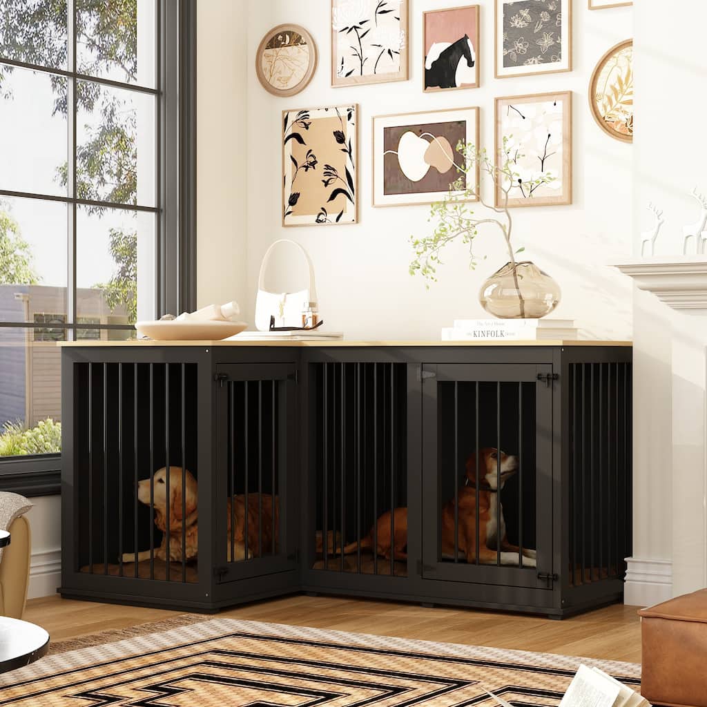 Corner Dog Crate Furniture with Removable Divider, Large Wooden Top Pet Crate End Table for Living Room