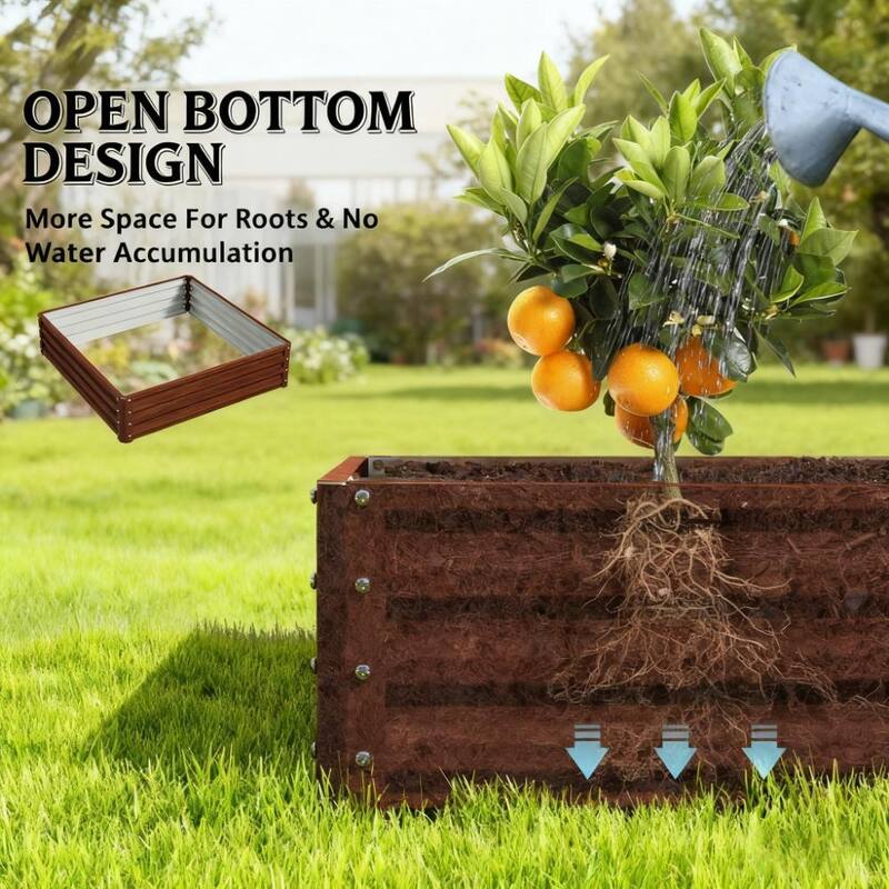 Outdoor Garden Bed with Open Bottom, Planter Box, Galvanized Steel