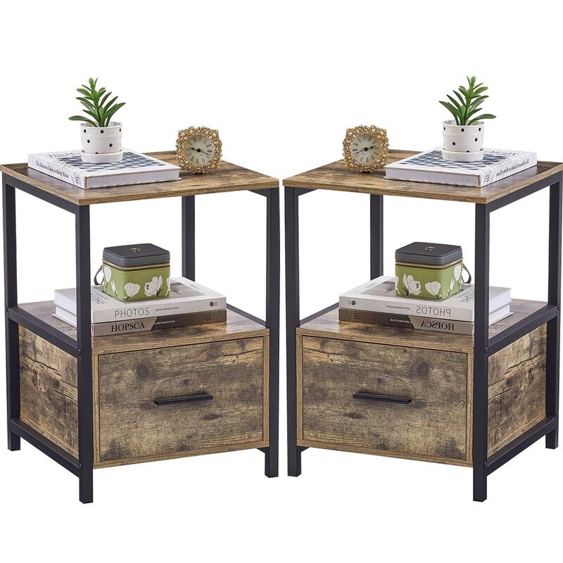 VECELO Nightstand Set of 2, Modern Square End Side Table, Night Stands with Drawer and Storage Shelf for Bedroom